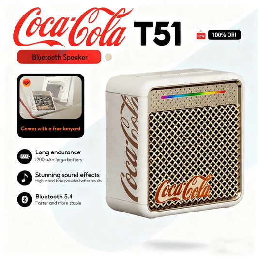 Coca-Cola T51 Bluetooth 5.4 Mini Portable Outdoor Wireless Speaker HiFi Sound Quality Long Battery Life TWS Stereo RGB Light