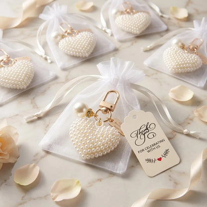 6-20 Sets Faux Pearl Heart Keychain Set, Love Charm Metal Key Rings with Gift Cards&Bags, Wedding Party Favors for Women