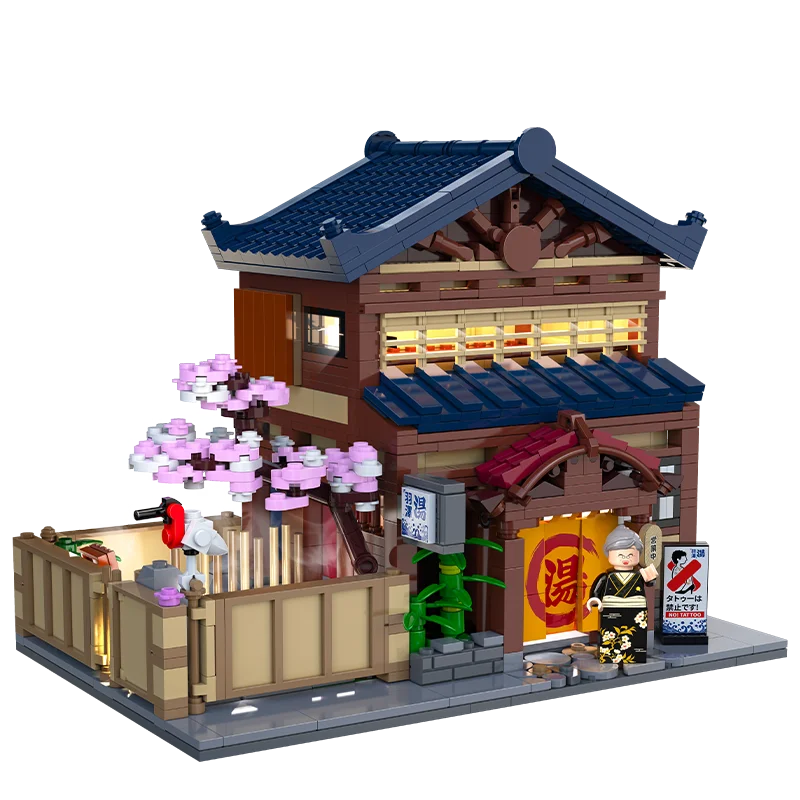 Cada Japanese Sushi HouseBricks Shop LED Japanese Steamed Bun House Building Blocks Summer Cafe Cada Toy Street View Series Set