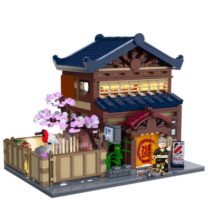 Cada Japanese Sushi HouseBricks Shop LED Japanese Steamed Bun House Building Blocks Summer Cafe Cada Toy Street View Series Set