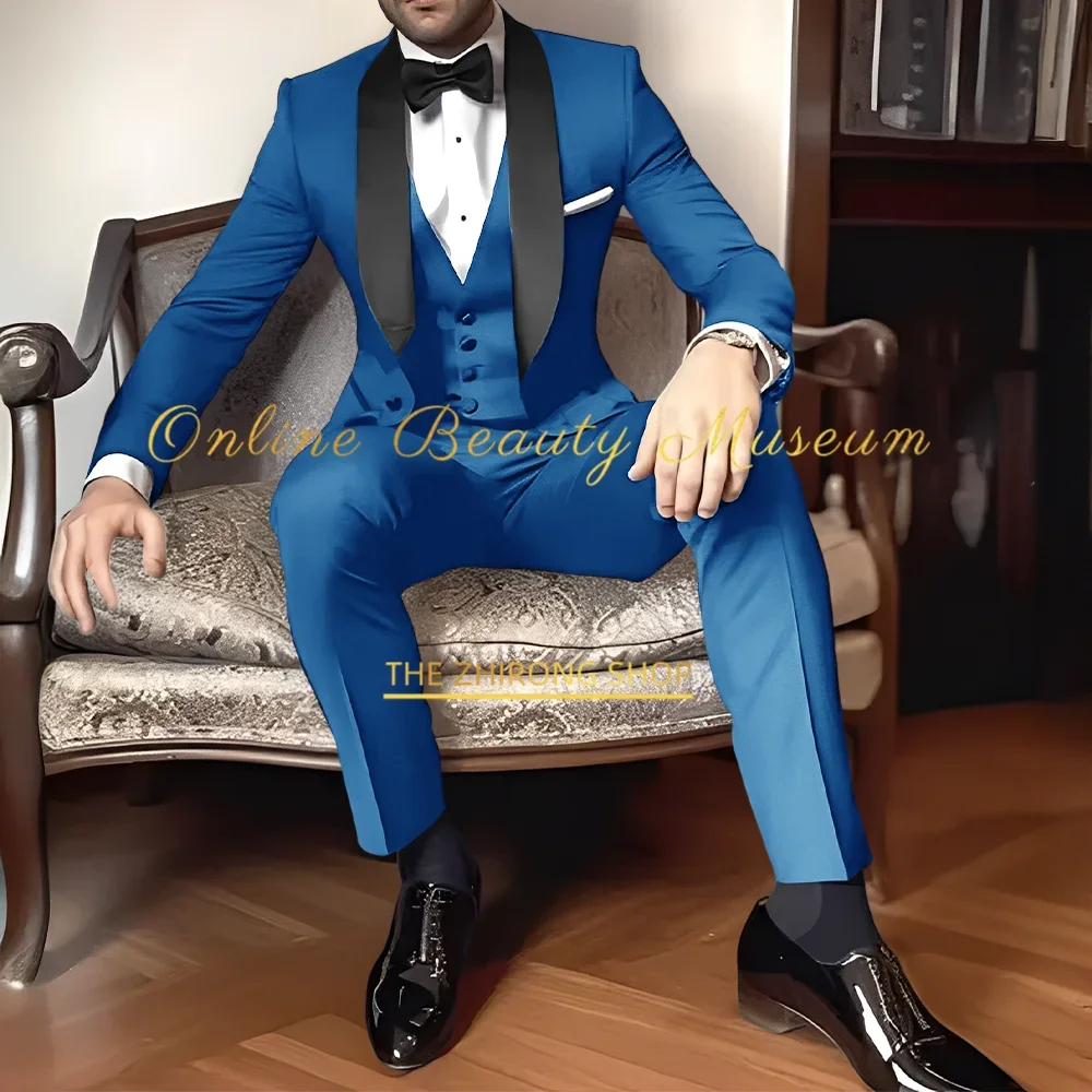 Classic Navy Blue Men's Suit 3-Piece Black Shawl Lapel Jacket Vest Pants Slim Fit Set for Wedding Cocktail Birthday Prom Party