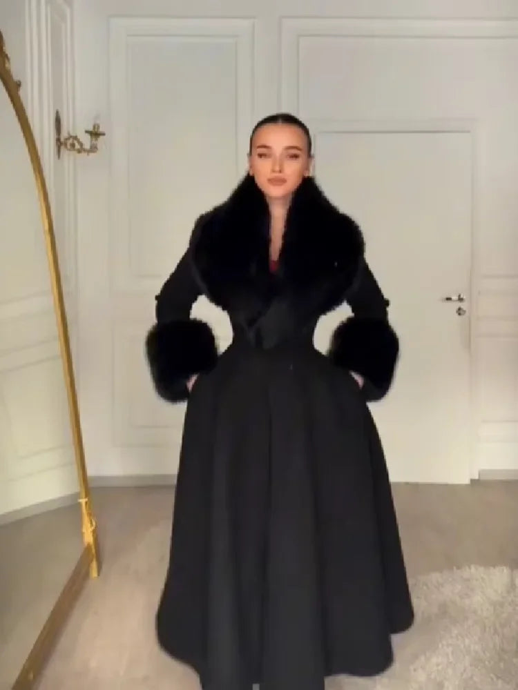 New Elegant Detachable Faux Fur Collar Overcoat Lady Cinched Waist V-neck A-line Dress Flared Coat Winter Formal Party Outerwear