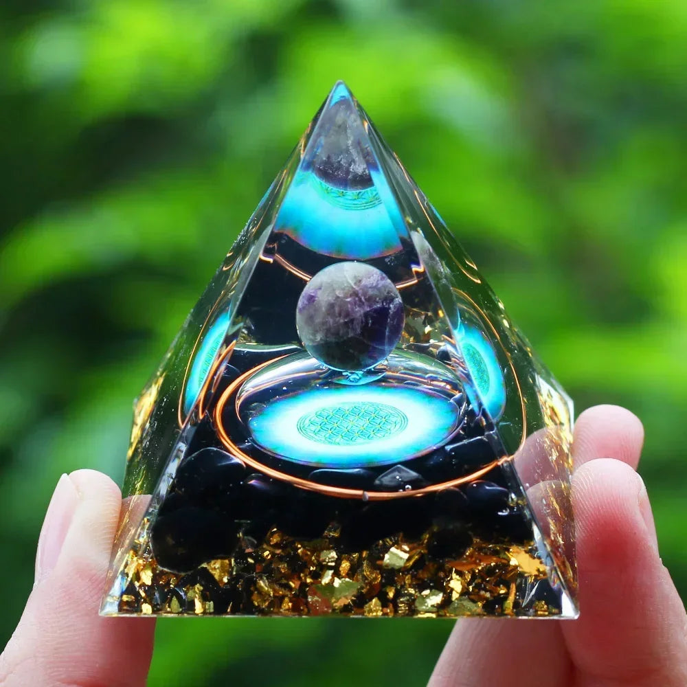 Energy Pyramid Orgonite Reiki Natural Amethyst Ball Healing Crystals Chakra Tool Ornaments Resin Stones Craft Kids Gift