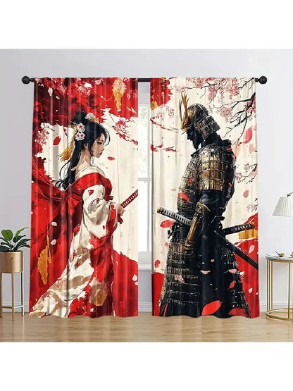 2pcs Japanese Samurai Geisha Printed Curtains, Designed for Light Filtering, Quality Material, Ideal for Japanese-Style Home Win