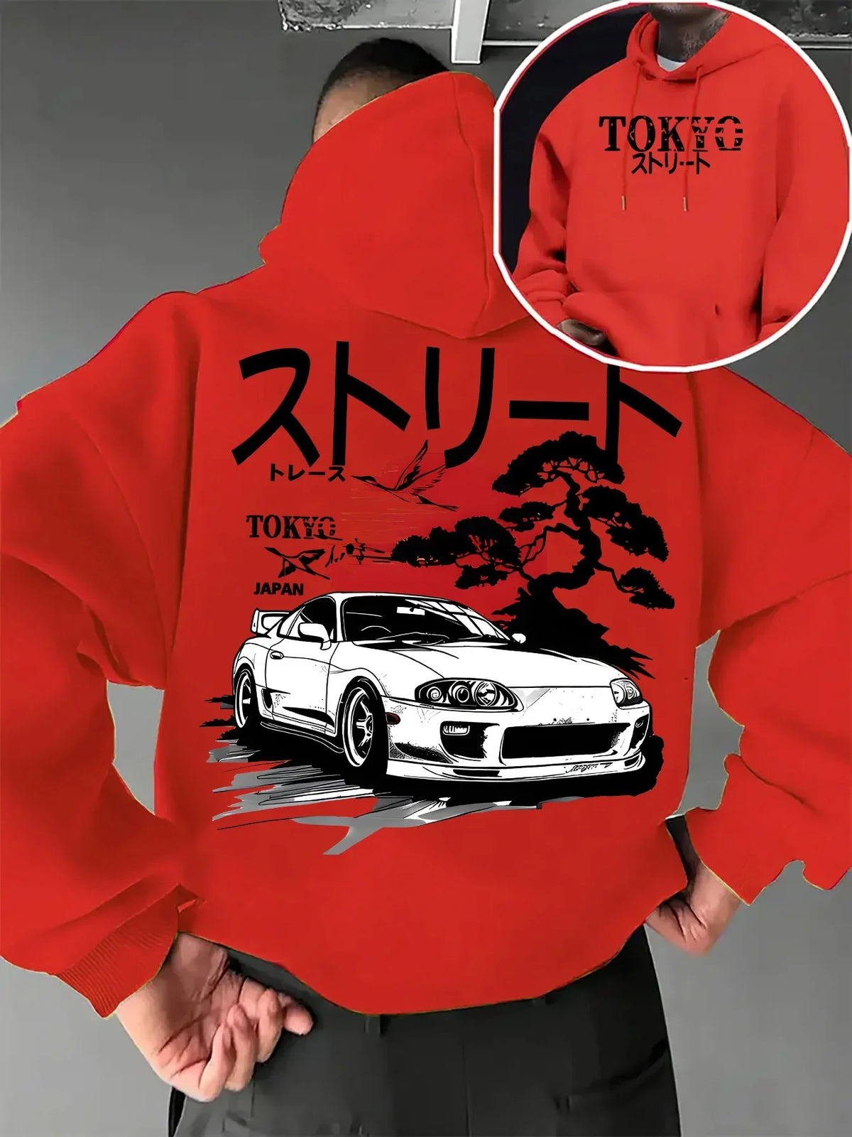Men Oversized Hoodie JDM Supra Car TOKYO Japan Bonsai Sun Print Pullover Sweatshirt Autumn Winter Japanese Harajuku Street Tops