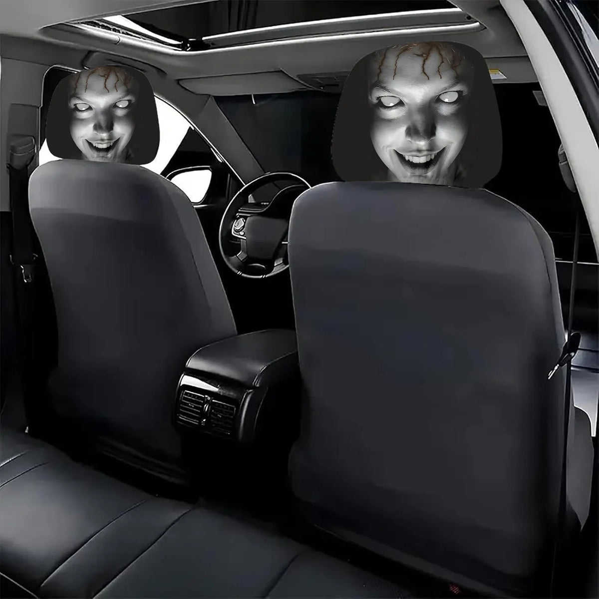 2Pcs Universal Elastic Halloween Horror Face Car Headrest Covers Soft Polyester Washable Dustproof Protective Decorative Sleeve
