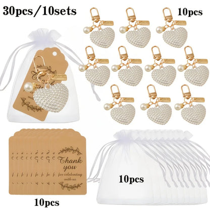 30pcs/10sets Faux Pearl Heart Keychain Set, Love Charm Metal Key Rings with Gift Cards&Bags, Wedding Party Favors for Women