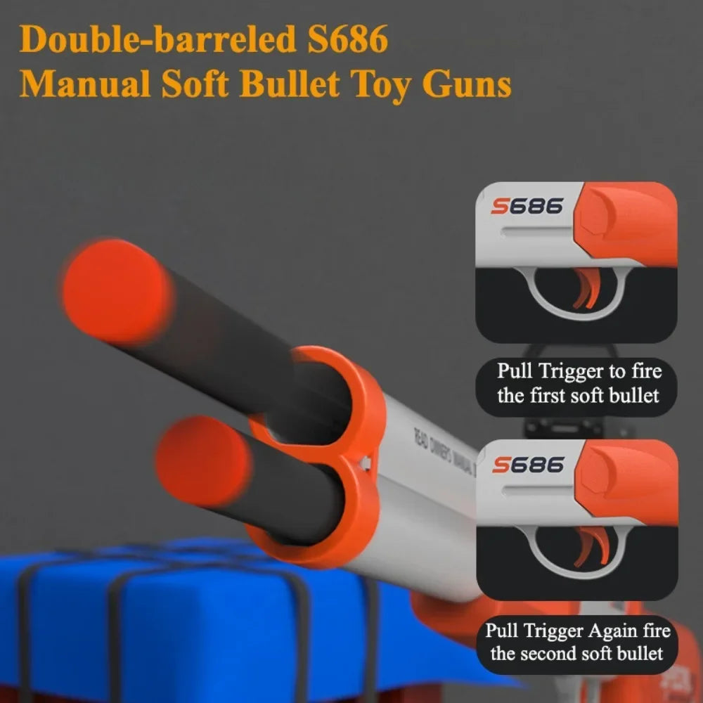 S686 Double Barrel Shotgun Toy with Scope & Soft Bullets Manually Loaded Gun Outdoor Hunting Shooting Game Christmas Gift