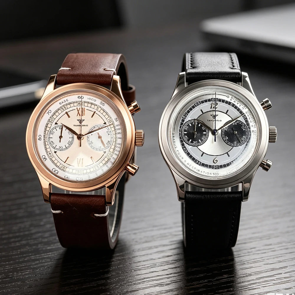 Rose Gold 38mm Tandorio Retro Men Watch Sport Watches Miyota OS20 Movement Chronograph Quartz Clock Black White Arched Glass