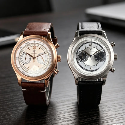 Rose Gold 38mm Tandorio Retro Men Watch Sport Watches Miyota OS20 Movement Chronograph Quartz Clock Black White Arched Glass