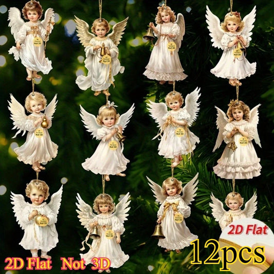 12pcs Vintage Christmas Angel Wooden Pendants, Artificial Wood Hanging Ornaments, Perfect for Home & Outdoor Holiday Decor