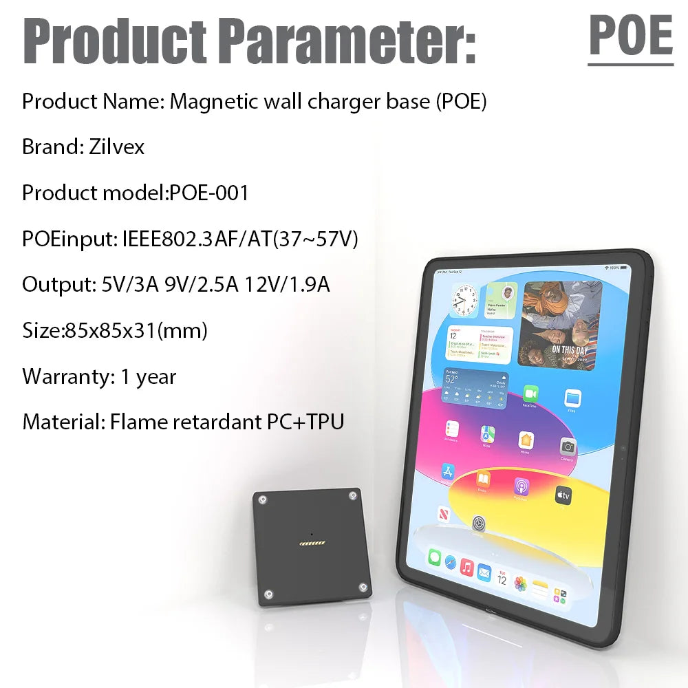 Zilvex POE Magnetic Wall Mount Charger for iPad Pro/Air/Mini 8.3-11-13in Base + Case Kit Smart Home Tablet stand POE Powered