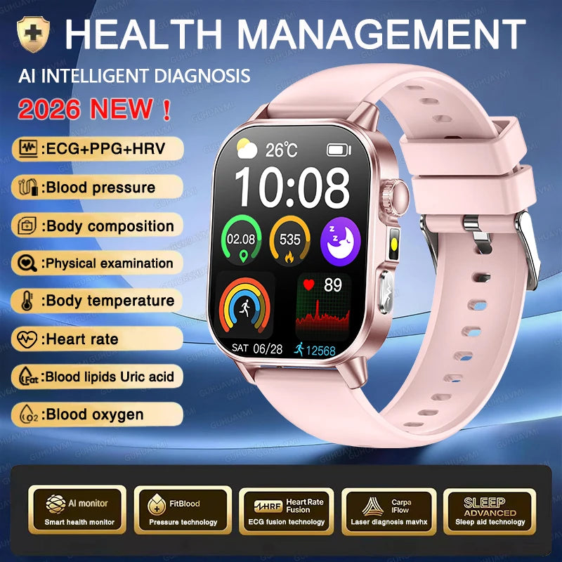 2026 New ECG+PPG Health AI Diagnosis Analysis Smart Watch Blood Lipid Uric Acid Tracker Clock NFC Bluetooth Call Watch Men Women