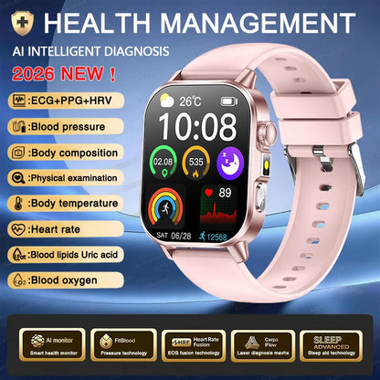 2026 New ECG+PPG Health AI Diagnosis Analysis Smart Watch Blood Lipid Uric Acid Tracker Clock NFC Bluetooth Call Watch Men Women