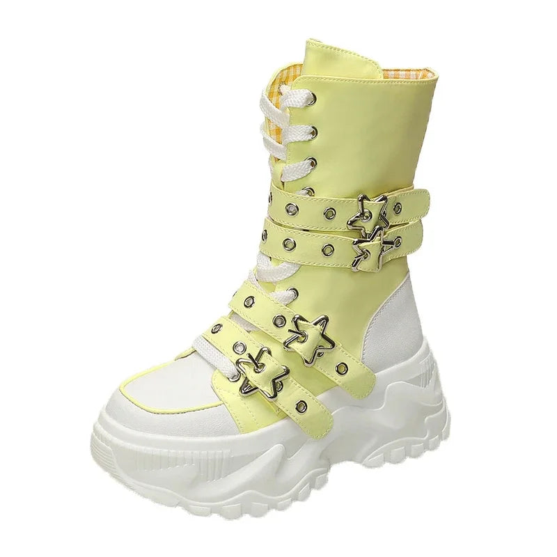 New Rock Platform Y2K Boots Women Summer 2026 Gothic Metal Star Belt Buckle Thick Sole Mid Calf Boots Woman Designer Punk Shoes