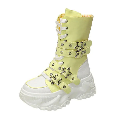 New Rock Platform Y2K Boots Women Summer 2026 Gothic Metal Star Belt Buckle Thick Sole Mid Calf Boots Woman Designer Punk Shoes