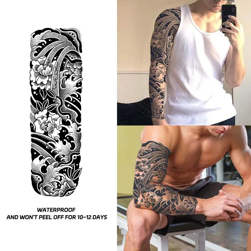 Japanese Wave Full Arm Waterproof Temporary Tattoo Sticker, Long-lasting for 1-2 Weeks, Realistic Semi-Permanent Fake Tattoo