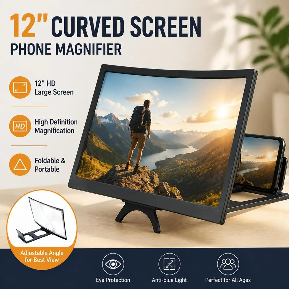 12 Inch Curved Mobile Phone Screen Magnifier for high-definition magnification, foldable and portable design.