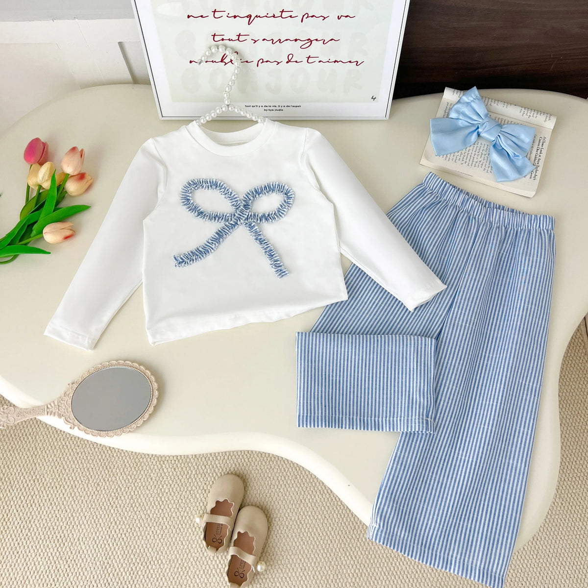 Humor Bear Korea Style Simple Kids Clothes Girl 2Pcs Set Clothing Long Sleeve Striped+Loose Pant Outfits for Girl