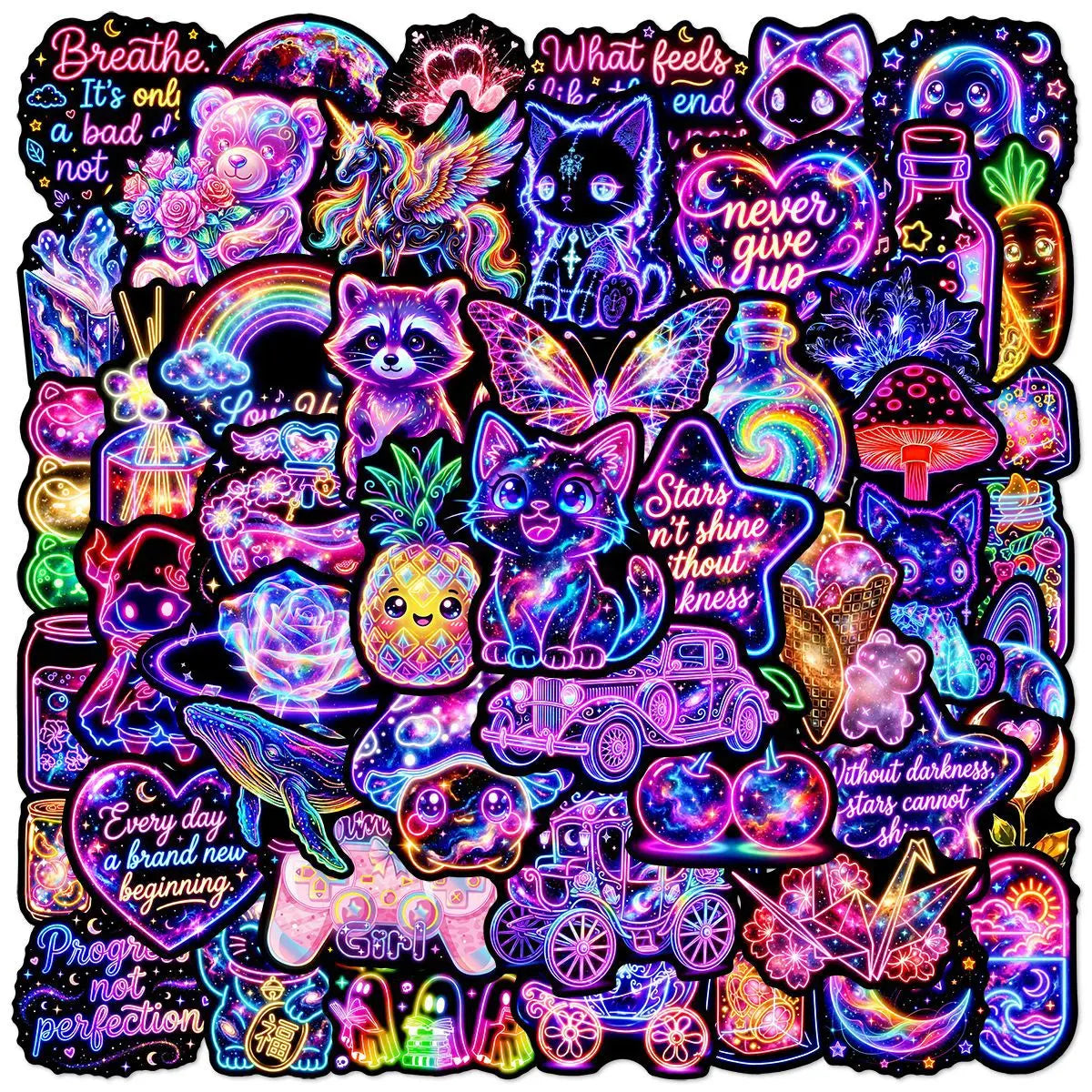 50-Pack Waterproof Neon Graffiti Stickers for Luggage Guitar Skateboard Fridge - Cool Student Stationery Decorative Decals