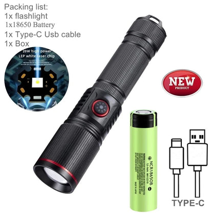 Portable Powerful White Laser LED Flashlight Tactical Zoom Torch USB Rechargeable 18650 Battery Camping Fishing Lantern