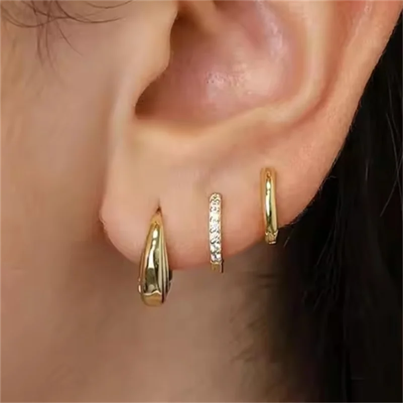 3PCS Stainless Steel Gold Color Circle Hoop Earrings Set for Women Simple Zircon Flower Stud Earring Cartilage Piercing Jewelry