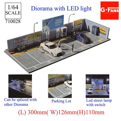 1/64 Scale Miniature LED Lighted Car Garage Diorama Model Realistic Parking Lot Scene Collectible Display for Enthusiasts