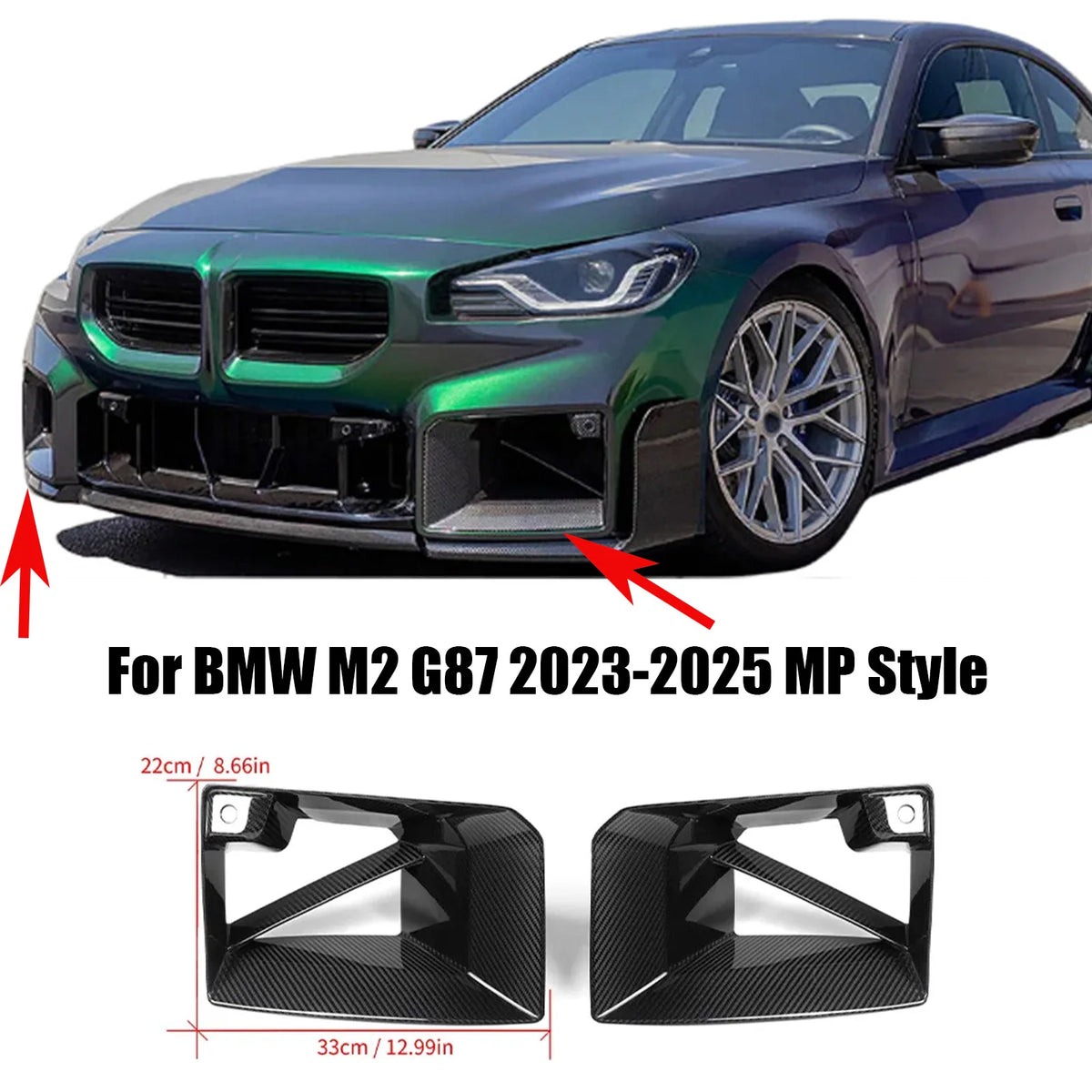 For BMW M2 G87 Base Coupe 2023-2025 Front Bumper Side Air Duct Vent Covers MP Style Fog Lamp Cover Carbon Look Glossy Black