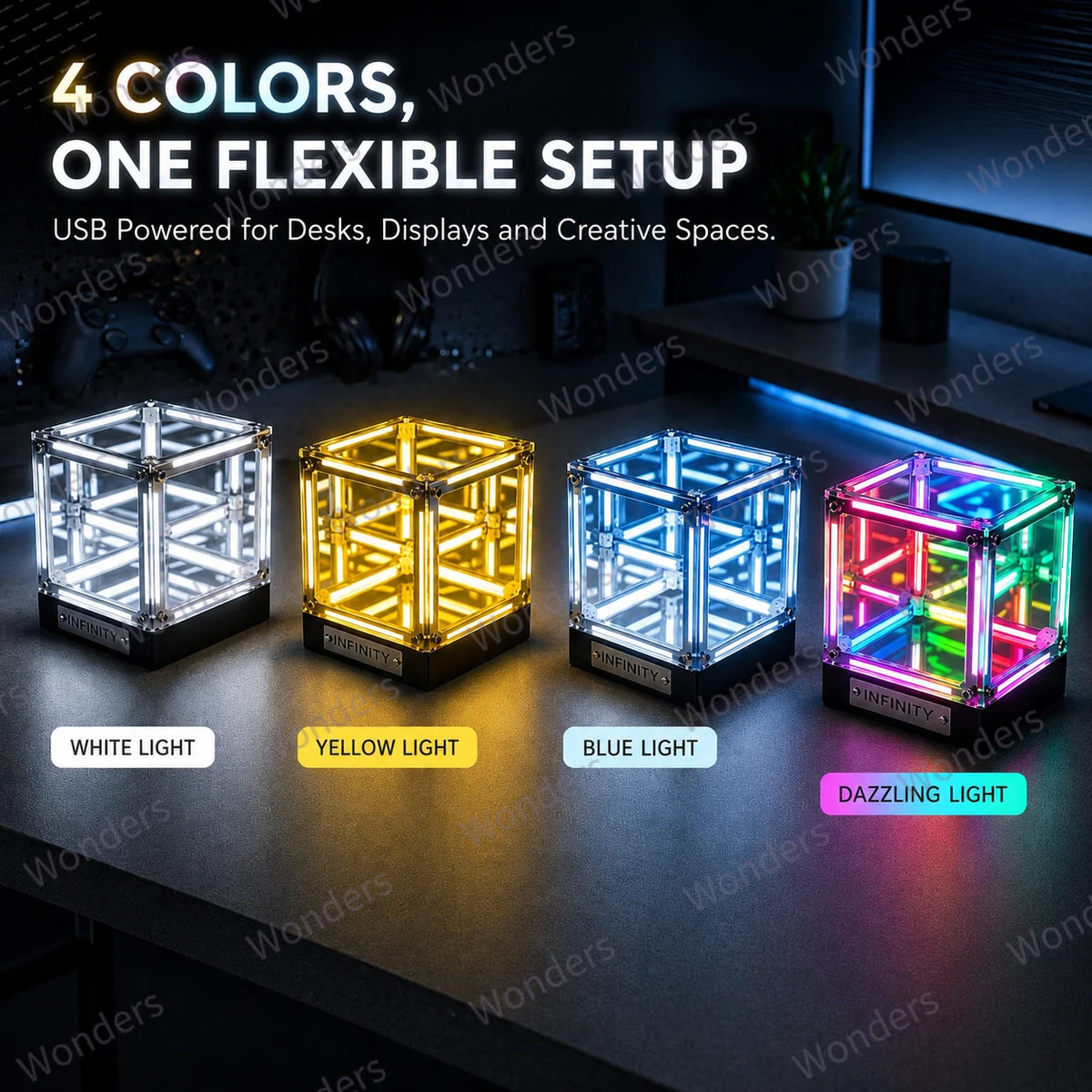 Hypercube LED Box Geek DIY Wireless Table Light Figure Display Case Infinity Mirror 4D Box Abyss Tunnel Ornament