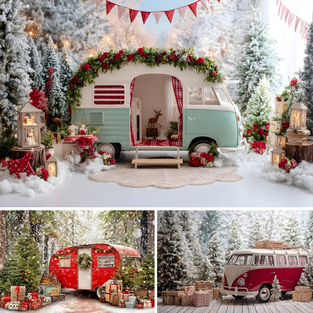 Christmas Photography Background Winter Snowy Pine Trees Mini Bus Camper Backdrop Xmas Gift Kids Winter Outdoor Photocall