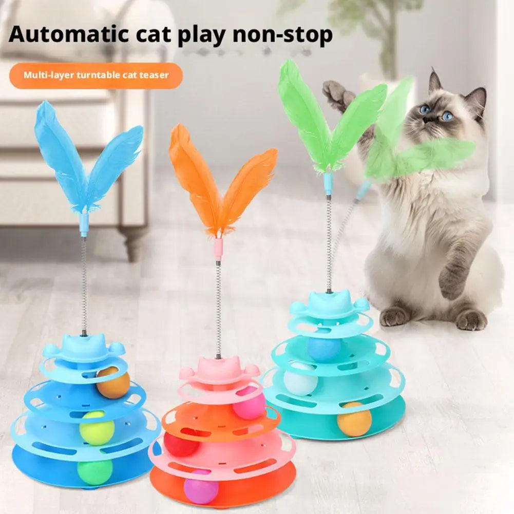 Cute 4 Layer Cat Track Toy Interactive Roller Turntable Ball With Moving Feather Wand For Kitten Fun Pet Accessories