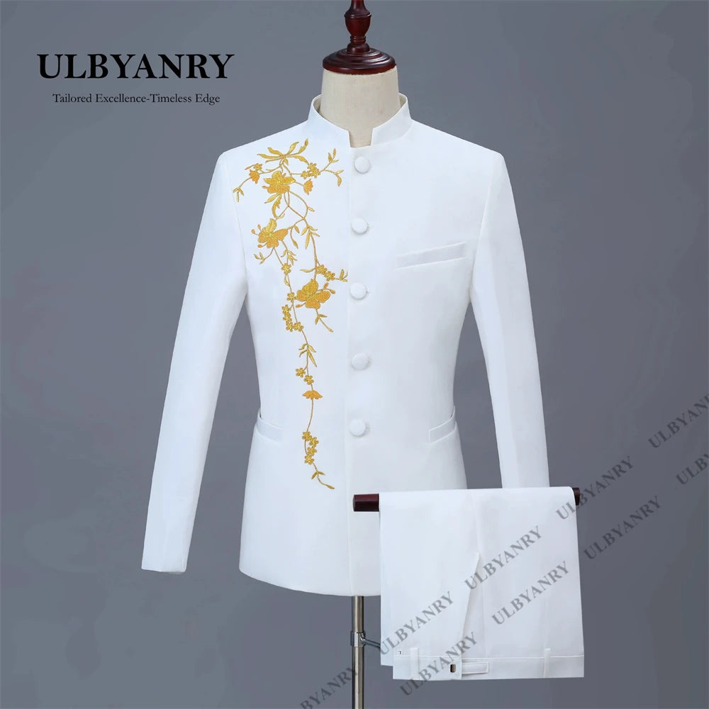 ULBYANRY Traditional Suit Set for Men, Stand Collar Single Row Suit, Wedding Groom Suits Men's Slim Fitting Tuxedo Jacket Pants