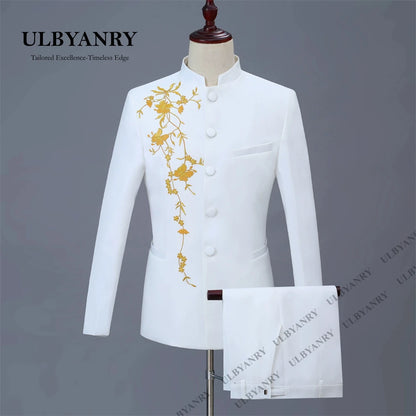 ULBYANRY Traditional Suit Set for Men, Stand Collar Single Row Suit, Wedding Groom Suits Men's Slim Fitting Tuxedo Jacket Pants