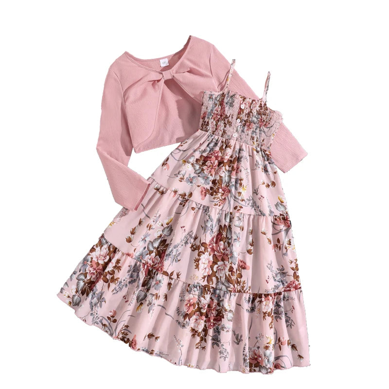Kid Girl Long Sleeve Bow Design Coat & Beige All Print Shirred-Bodice Sling Dress Set Cute Sweet Elegant Princess Dress For Kids