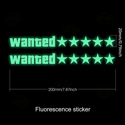 2pcs Motorcycle Glow Stickers Wanted 5 Stars Waterproof Decal for Motorbike Front Fairing Tail Box Side Boxes Decor Accessories