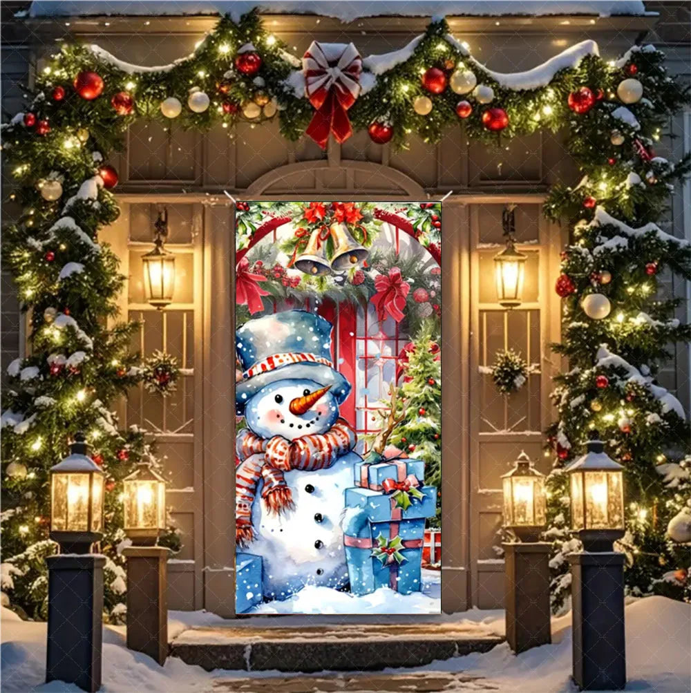 Christmas Theme Santa And Elk Backdrops Snowman Hanging Door Banner Indoor Outdoor Veranda Xmas Curtain Cover Festive Supplies