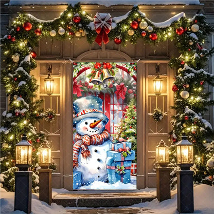 Christmas Theme Santa And Elk Backdrops Snowman Hanging Door Banner Indoor Outdoor Veranda Xmas Curtain Cover Festive Supplies
