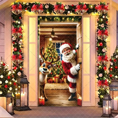 Christmas Humorous Santa Claus And Elk Door Banner Party Decorations Indoor Outdoor Veranda Door Cover Supplies Festive Gifts