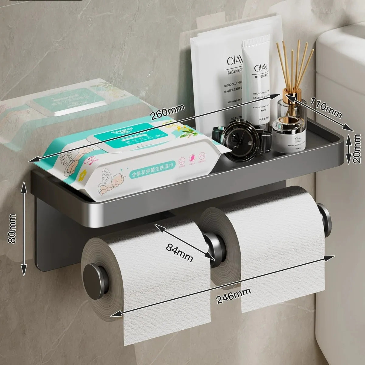 Toilet Paper Holder ﻿Aluminum Alloy Wall-Mounted Toilet Roll Holder Storage Toilet Paper Dispenser Bathroom Kitchen Towel Rack