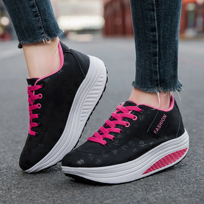Ladies Casual Sports Shoes Breathable Comfortable Wedge Heel Thick Sole Sneakers Lace-up shoes