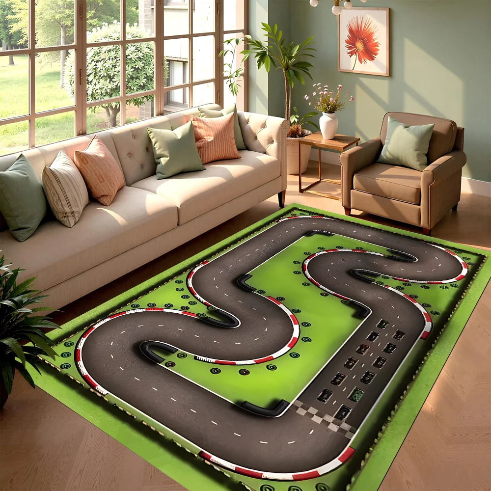 Kids City Traffic Road Game Area Rug Soft Non-Slip Playmat Road Car Park Print Indoor Decorative Carpet for Living Room Bedroom