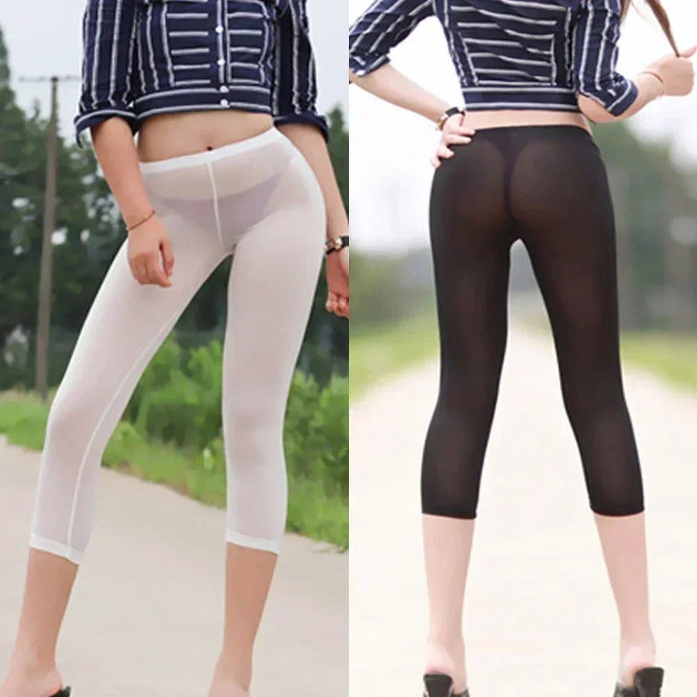 Women See Through Cropped Pants High Elastic Ice Silk Leggings Transparent Thin Tight Fitting Underwear Slim Sensual Yoga Pants