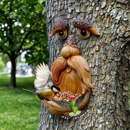 Tree Face Decor Bird Feeder Outdoor,Eyes Glow in Dark Fun Old Man Tree Hugger Sculpture Yard Art Garden Lawn Ornament Decoration