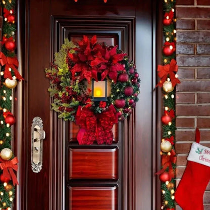 45cm Red Wreath With Lamp For Front Door Red Ball Flower Garland Xmas Ornament Window Wall Hanging Decor Christmas Decorations