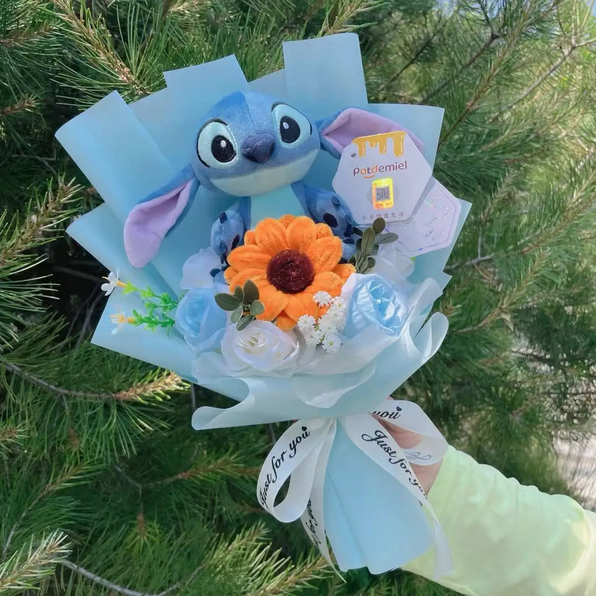 Genuine Winnie The Pooh Stitch Pikachu Plush Dolls With Sunflowers Creative Flower Bouquets Christmas Birthday Gifts For Girls