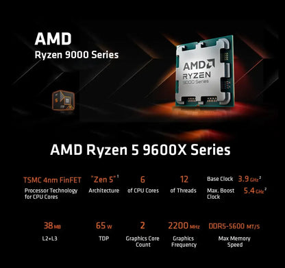 AMD Ryzen 5 9600X CPU 100% Brand New AMD 9600X Processor Up to 5.4GHz 6-Core 12-Thread 32MB L3 Cache Socket AM5 Zen 5 Gaming CPU