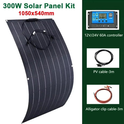 300W 600W Flexible Solar Panel With 60A Solar Regulator Cable For 12V Battery Charger Home Roof Outdoor Camping Car RV Boat