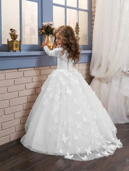 Elegant and Lovely butterfly Floor Mopping Flower Girl Wedding Dress, Lace Long-Sleeved Ball Dress