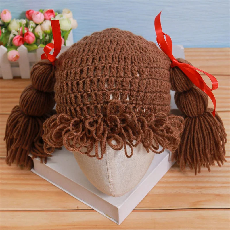0-3Y Kids Girl Hat Beanie Hair Pigtail Curly Wig Cap Handmade Woolen Yarn Knitted Children Baby Hats and Caps Photography Props