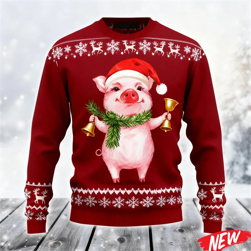 2026 Ugly Christmas Sweater For Men Cute Animal Pig Pattern Oversized Sweatshirt Family New Year Holiday Round Neck Hoodie